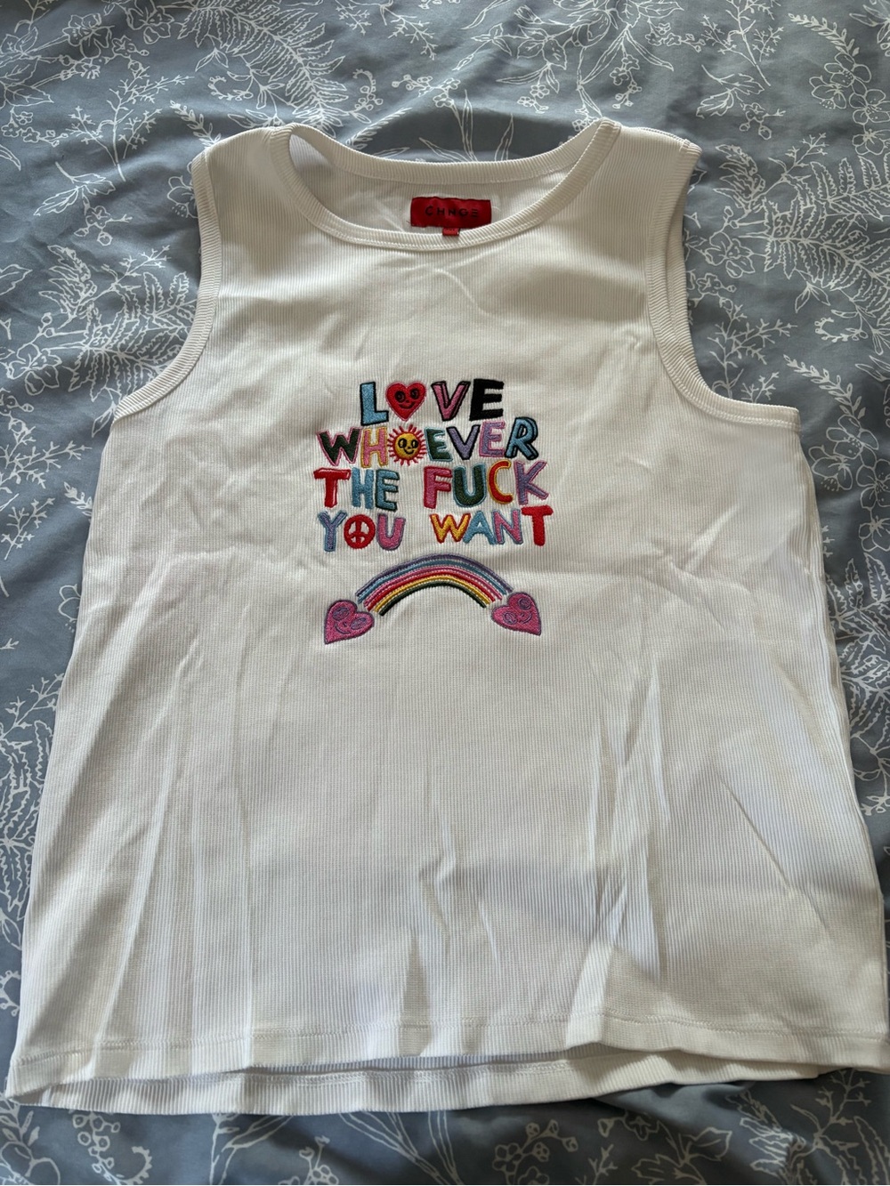 CHNGE White Ribbed Tank with Colorful Embroidered Slogan and Rainbow